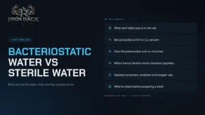Bacteriostatic water vs sterile water, Iron Rack Labs Journal cover listing six topics, from label contents to bench checks